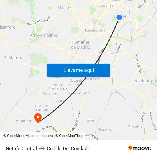 Getafe Central to Cedillo Del Condado map
