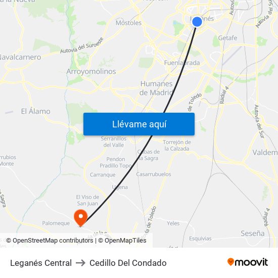 Leganés Central to Cedillo Del Condado map