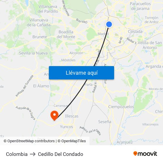 Colombia to Cedillo Del Condado map