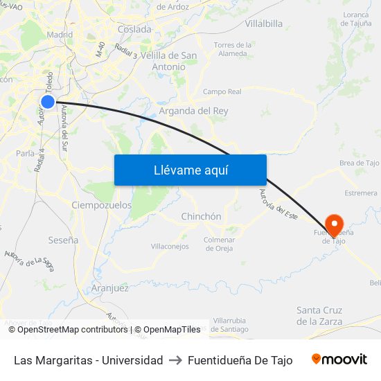 Las Margaritas - Universidad to Fuentidueña De Tajo map