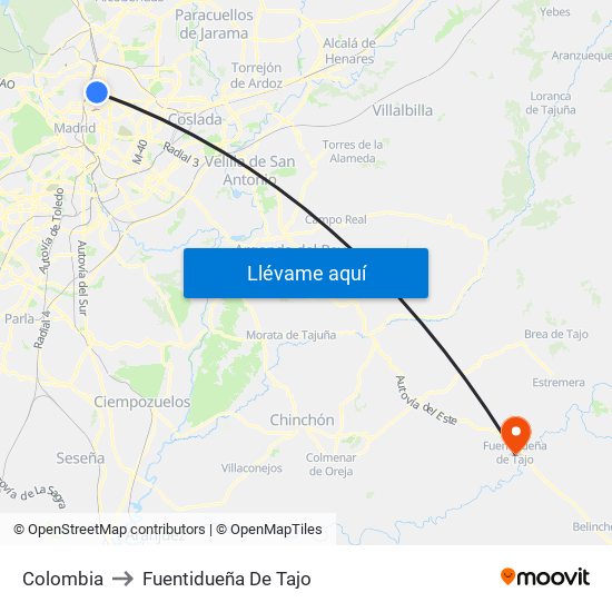Colombia to Fuentidueña De Tajo map