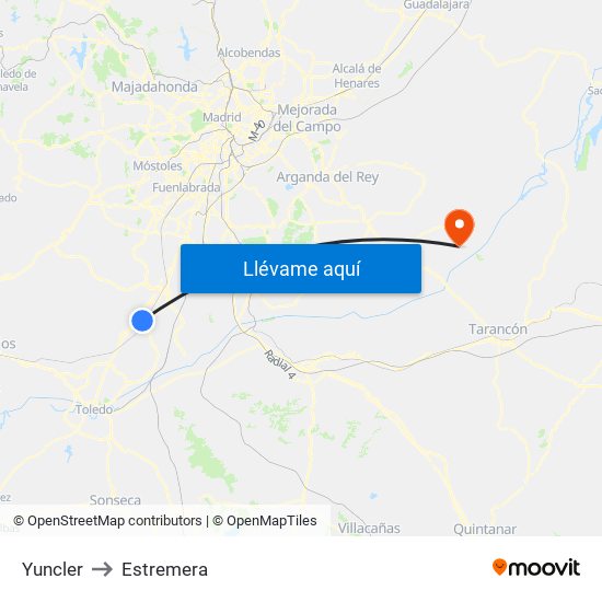 Yuncler to Estremera map