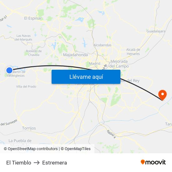 El Tiemblo to Estremera map
