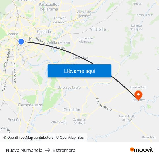 Nueva Numancia to Estremera map