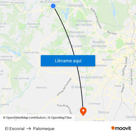 El Escorial to Palomeque map