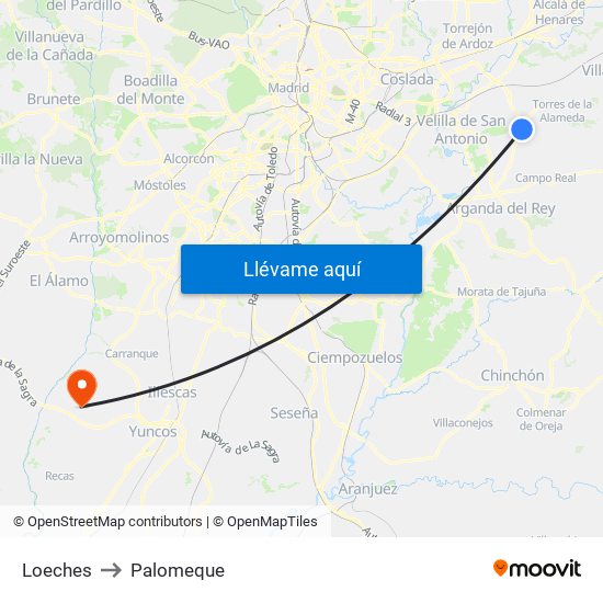 Loeches to Palomeque map