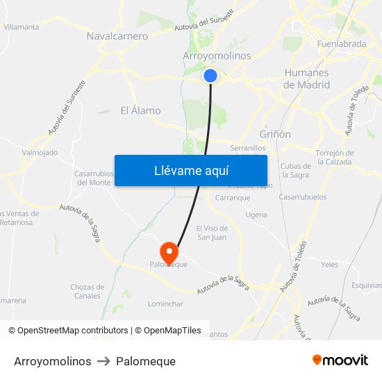 Arroyomolinos to Palomeque map