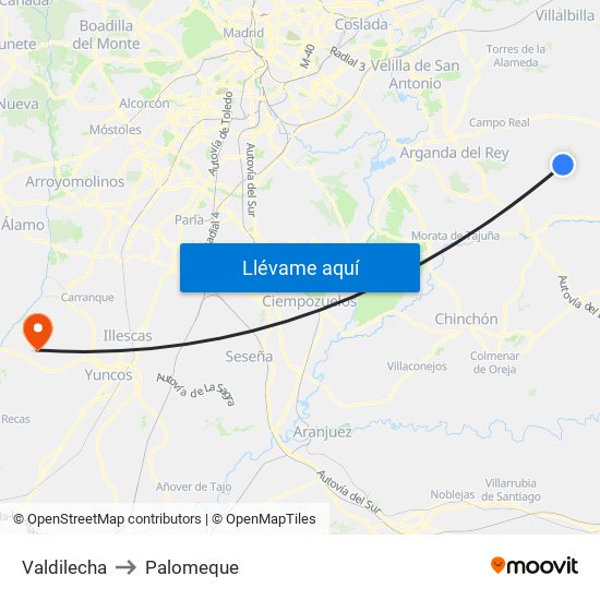 Valdilecha to Palomeque map