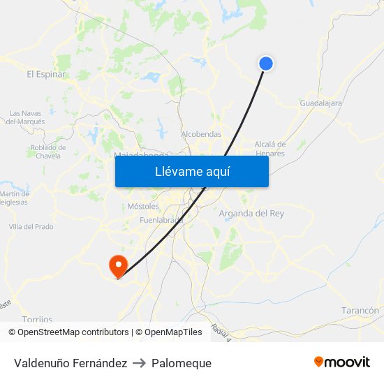 Valdenuño Fernández to Palomeque map