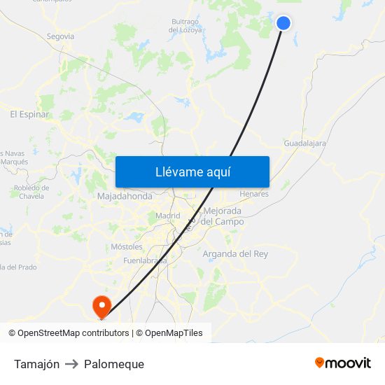 Tamajón to Palomeque map