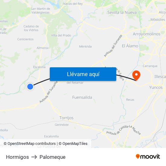 Hormigos to Palomeque map