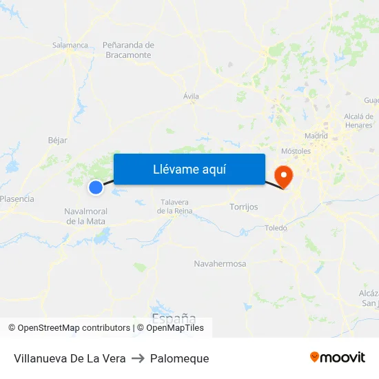 Villanueva De La Vera to Palomeque map