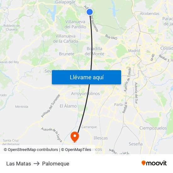 Las Matas to Palomeque map