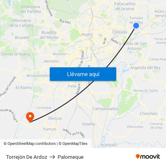 Torrejón De Ardoz to Palomeque map
