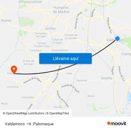 Valdemoro to Palomeque map