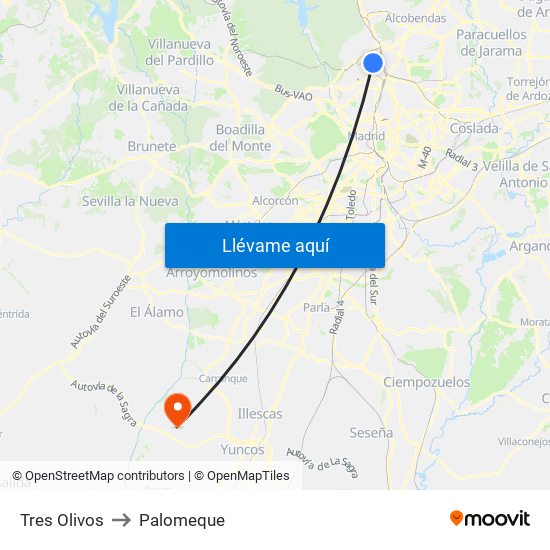 Tres Olivos to Palomeque map