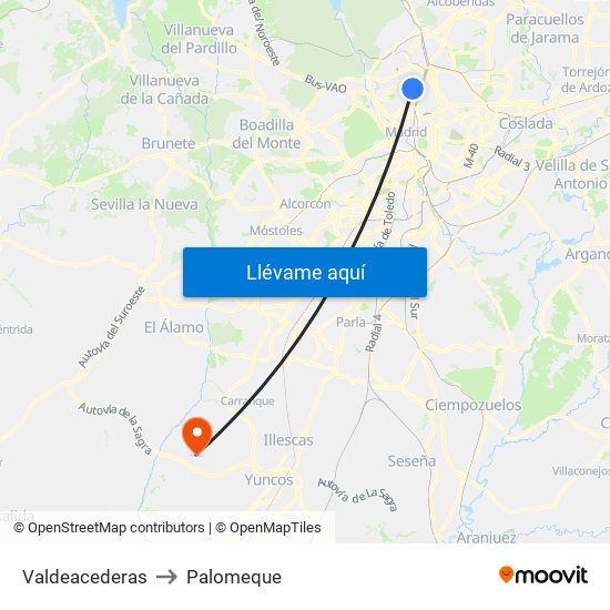 Valdeacederas to Palomeque map