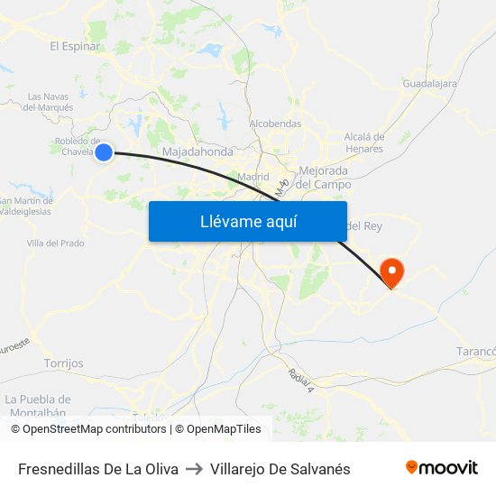 Fresnedillas De La Oliva to Villarejo De Salvanés map