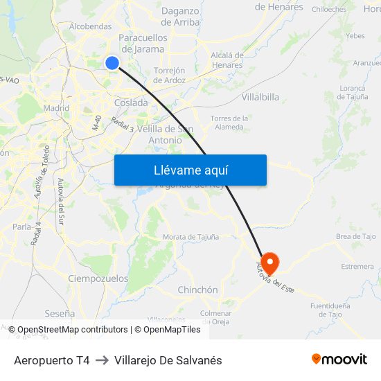 Aeropuerto T4 to Villarejo De Salvanés map