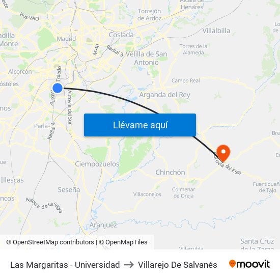 Las Margaritas - Universidad to Villarejo De Salvanés map