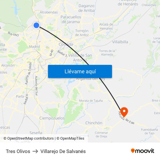 Tres Olivos to Villarejo De Salvanés map