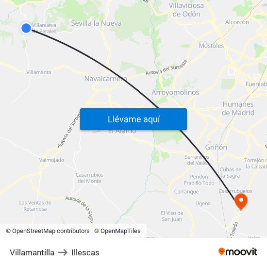 Villamantilla to Illescas map