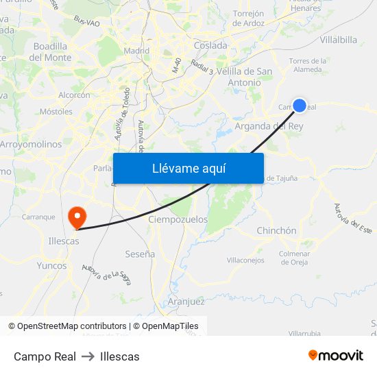 Campo Real to Illescas map