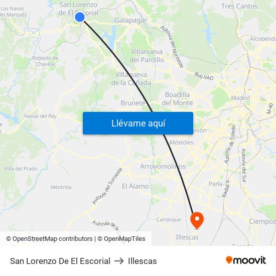 San Lorenzo De El Escorial to Illescas map