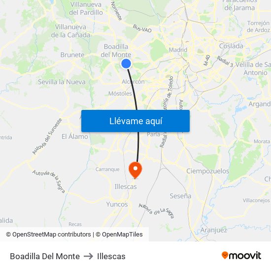 Boadilla Del Monte to Illescas map