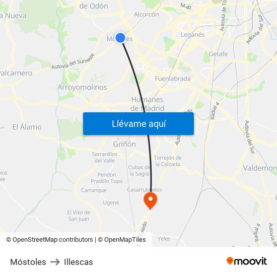 Móstoles to Illescas map