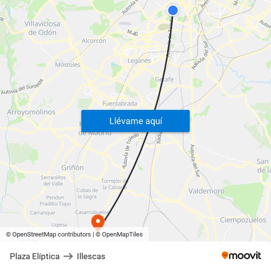 Plaza Elíptica to Illescas map
