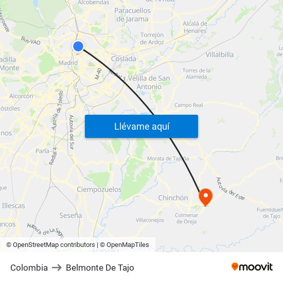 Colombia to Belmonte De Tajo map