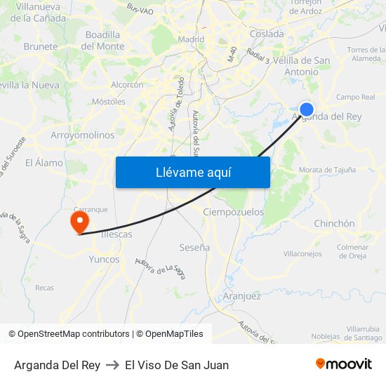 Arganda Del Rey to El Viso De San Juan map