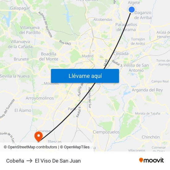 Cobeña to El Viso De San Juan map
