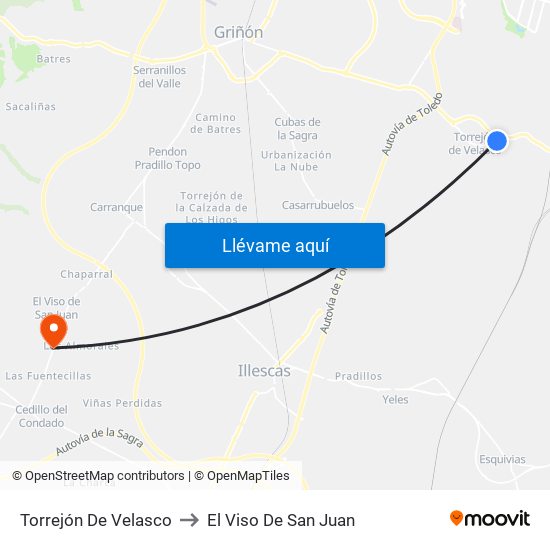 Torrejón De Velasco to El Viso De San Juan map