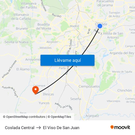 Coslada Central to El Viso De San Juan map