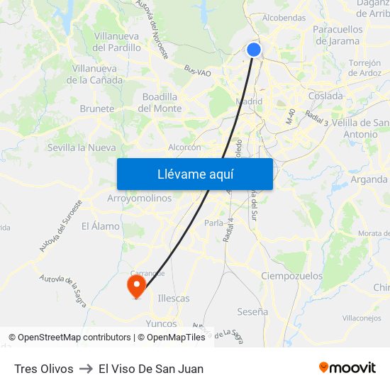 Tres Olivos to El Viso De San Juan map
