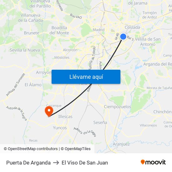 Puerta De Arganda to El Viso De San Juan map
