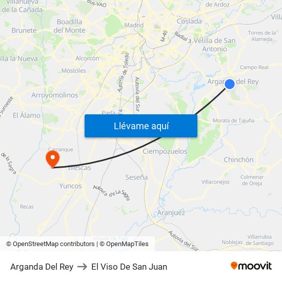 Arganda Del Rey to El Viso De San Juan map