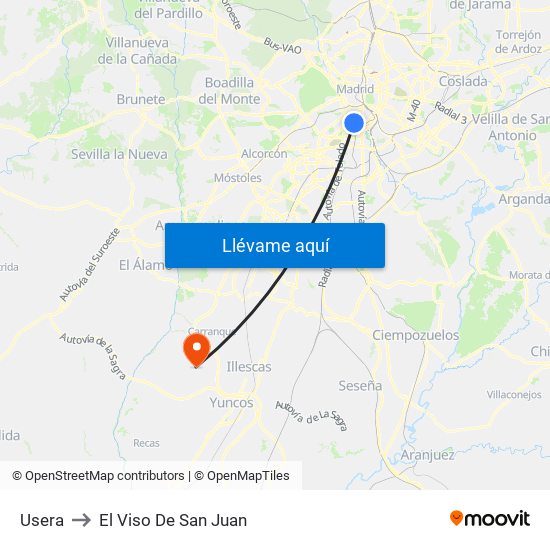 Usera to El Viso De San Juan map