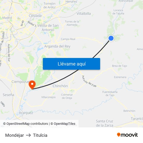 Mondéjar to Titulcia map