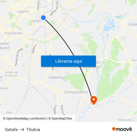 Getafe to Titulcia map