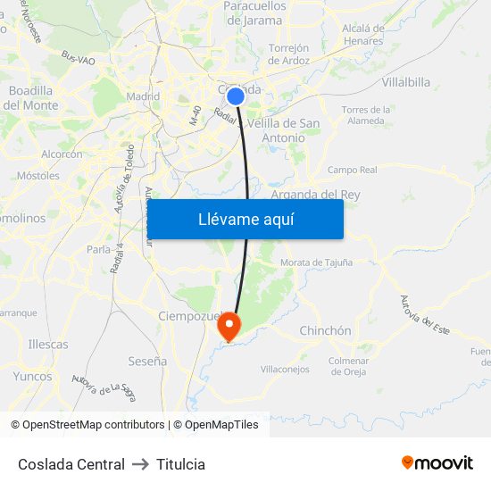 Coslada Central to Titulcia map