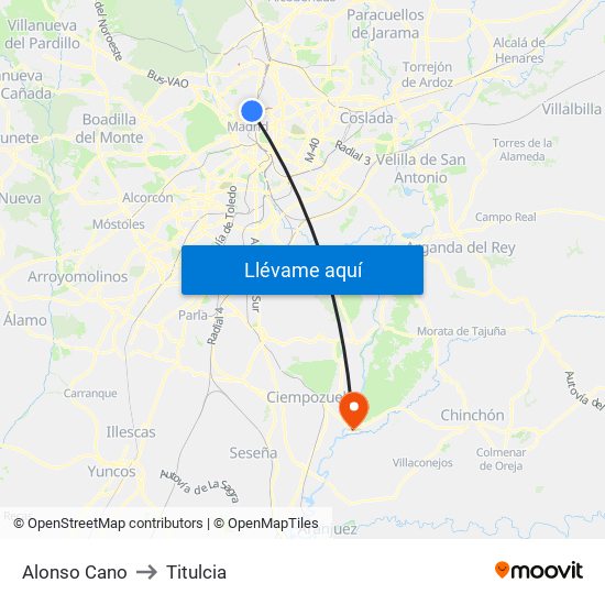 Alonso Cano to Titulcia map