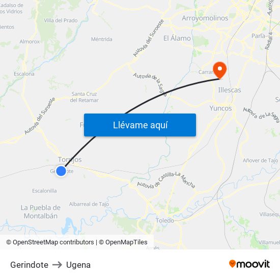 Gerindote to Ugena map