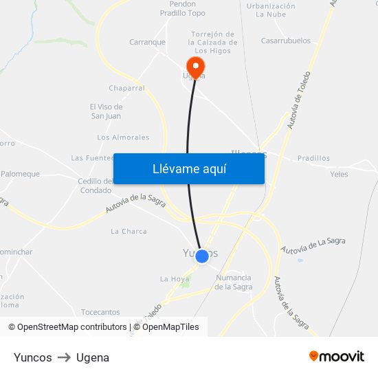 Yuncos to Ugena map