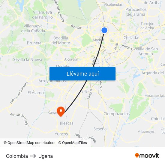 Colombia to Ugena map