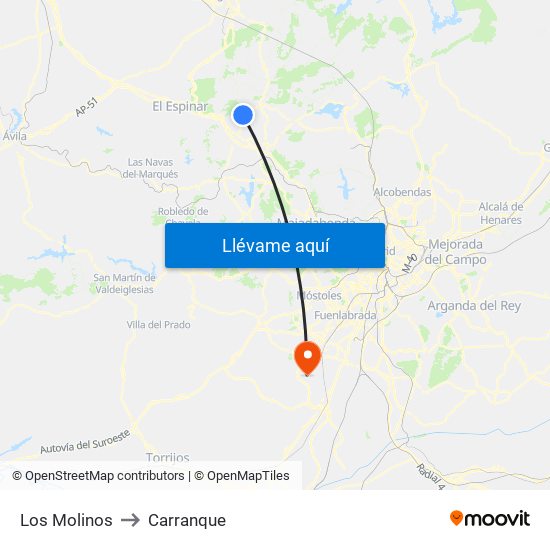 Los Molinos to Carranque map