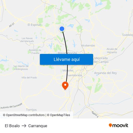 El Boalo to Carranque map