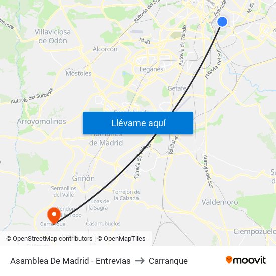 Asamblea De Madrid - Entrevías to Carranque map